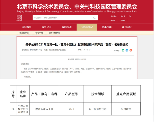中教云旗下产品获北京市新技术新产品